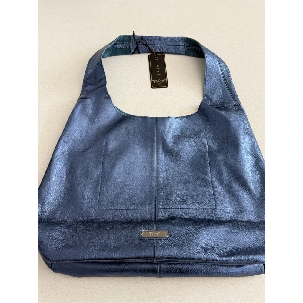 Sharif‎ Legacy Pearlized Slouchy Leather Hobo with Wristlet Metallic Blue NWT